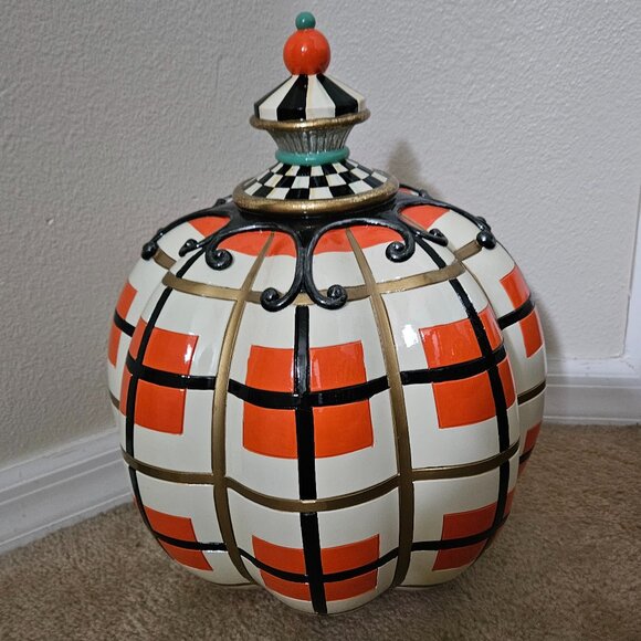RARE MACKENZIE CHILDS ORANGE TARTAN SPICE PLAID HALLOWEEN PUMPKIN THANKSGIVING - Picture 1 of 8